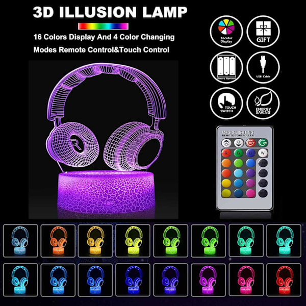 Hovedetelefon 3D Illusion Lampe, Kunstnerisk Atmosfærisk Lys, LED Børnenatlys Bordlampe 16 Farveskift Dekorationslampe, Perfekte Gaver
