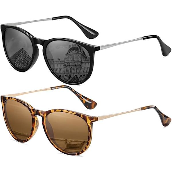 Solbriller Dame Herre Vintage Polariserte Retro Solbriller Dame Solbriller Runde Klassisk UV-beskyttelse Black and Leopard Tea