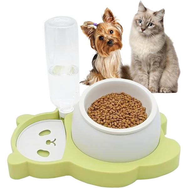 Förhöjd dubbel hund- och kattmatskål Vatten- och matskål set Lutande upphöjd keramisk kattbassäng med spillfri automatisk vattenbehållare Flaska 5 i 1-funktion Green