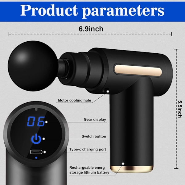 Massasjepistol for dypvevsmassasje - Mini bærbar massasjepistol for idrettsutøvere, håndholdt muskelmassasjepistol med 4 massasjehoder, 6 justerbare hastigheter, for smertelindring