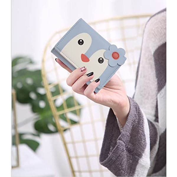 AVEKI Kawaii plånbok för flickor söt pingvin korthållare arrangör vegansk läder trifold dam plånbok, pingvin blå