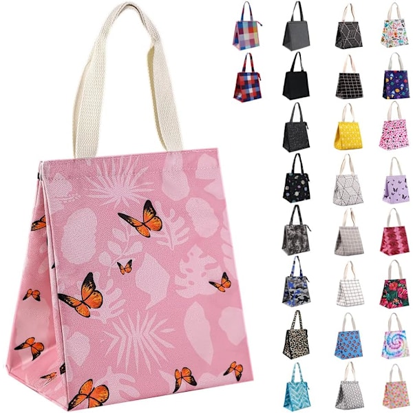 Isolert lunsjpose for kvinner, slitesterk, bredåpningsbar, sammenleggbar og bærbar lunsjpose med innvendige lommer, vanntett, termisk lunsjkjøler for voksne Pink Butterflies