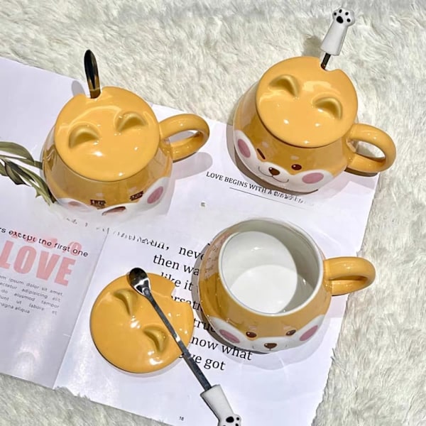 Kawaii Björnmugg i Keramik med Lock & Sked för Studenter & Barn, Nyhet Kaffe & Te Muggar Jul & Födelsedagspresent