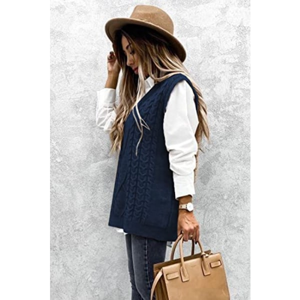 Dame V-hals kabelstrik sweater vest ensfarvet oversized sweater casual ærmeløs pullover toppe