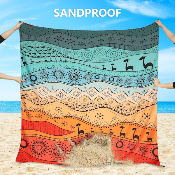 Strandtæppe, sandtæt strandmåtte, vandtæt hurtigtørrende letvægts Aztec picnicmåtte 200 x 210 cm til 2-4 voksne med lomme