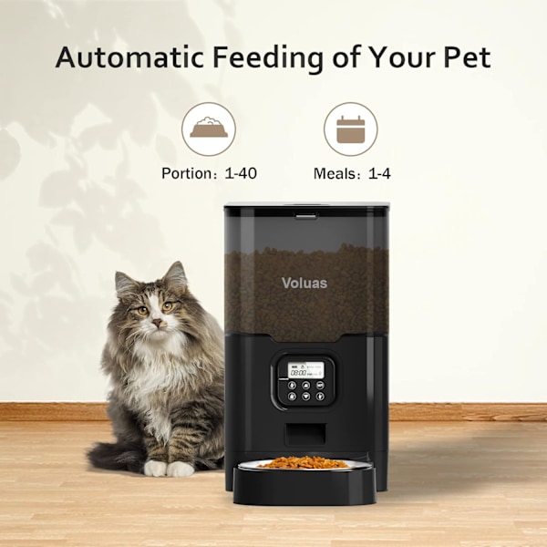 Kattmatautomat med timer, automatisk kattmatare med torkmedelspåse, programmerbar portionskontroll 4 måltider per dag, 10s röstinspelare Black Transparent1 6L
