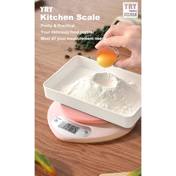 Rosa köksvåg - Stor LCD, tareringsfunktion, 11 lbs kapacitet, 0,03 oz exakt gradering - Perfekt matvåg för bakning och matlagning, ML & Oz-enhet f