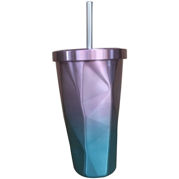Rostfritt stål glas, dubbelväggigt glas, kaffekopp, 500 ml, med oregelbundet diamantlock (rosa)