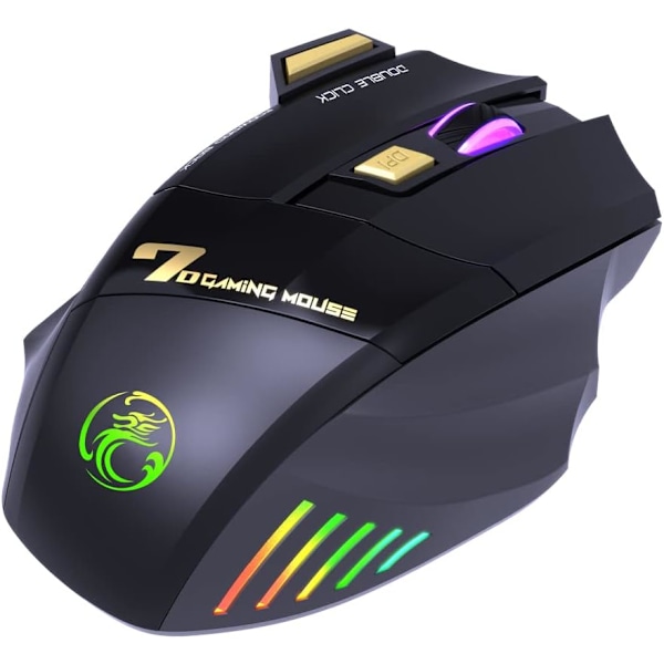 Trådlös Spelmus, Uppladdningsbar USB2.4G + Bluetooth Trådlös Mus, med 7-Färgad Regnbågsljus Optisk Effekt (Klassisk Svart)