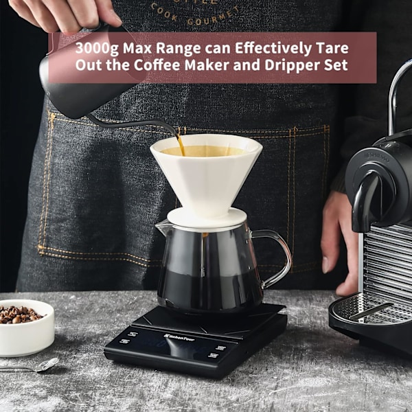 KitchenTour Kaffe-vægt med timer - Digital multifunktionsvægt med 3 kg/0,1 g høj præcision - Hæld over dryp - Espressovægt med Brigh B