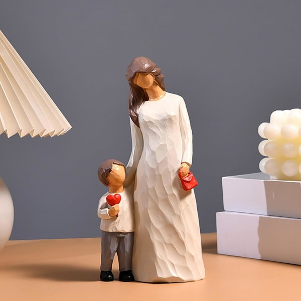 Mor og Sønn Figurer, Håndmalte Familie Skulptur Gaver til Bursdag Thanksgiving, Resin