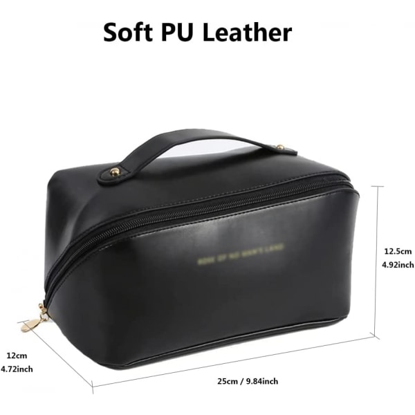Multifunktionell sminkväska för förvaring PU-läder sminkväska, med handtag och avdelare kosmetikapåsar för kvinnor (svart)