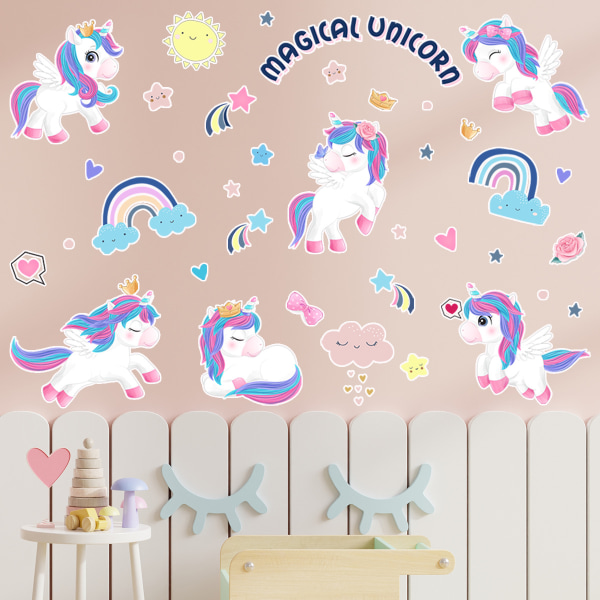 Unicorn väggdekal, färgglad regnbågsstjärna Unicorn väggdekaler för flickor Sovrum Pojkar Barn Vardagsrum Nursey Lekrum