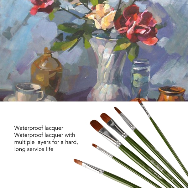 6 stk. Gouache pensel i imitert mårhår med bjørkehåndtak, malepenselsett for nybegynnere og barn