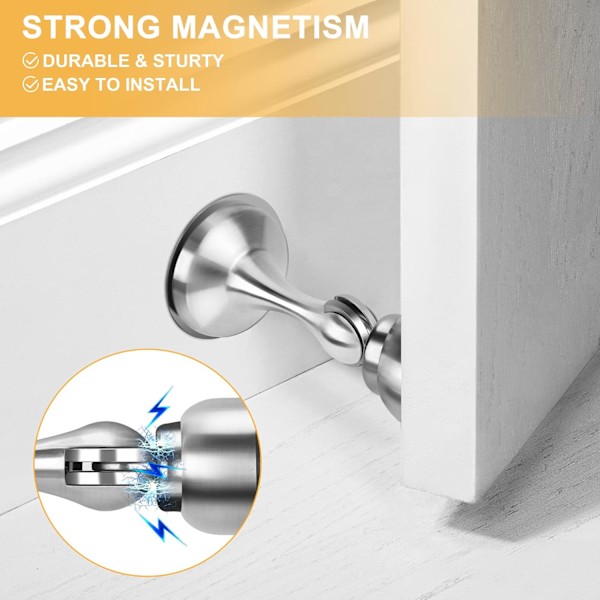 WJSM Magnetiske dørstoppere 4-pak, dørstop i rustfrit stål til væg- og gulvmontering, dørholder holder døren åben, ingen boring dørstop med 3D Silver*4