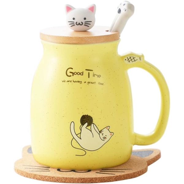 Kattmugg Söt keramisk kaffekopp med härligt Kitty-lock, Cat Paw-sked, kawaii-underlägg, Novelty Morning Cup Tea Milk Julmugg, Gul