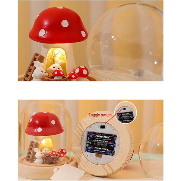 Svampe Lampe - USB Drevet LED Lys i Glaskuppel, Mini Falsk Svampe Natlampe til Soveværelse, Fest og Have Dekorationer, Sød Svampe