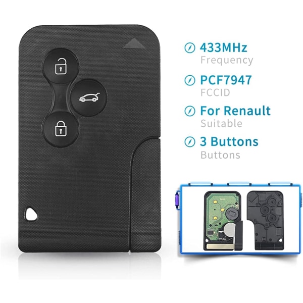Fjernbetjening til bilnøgle, 3 knapper, nøgleskal, smartcard-fjernbetjening til Re-Nault Megane 2 Scenic 2 Clio 3 (433MHz PCF7947 Chip)