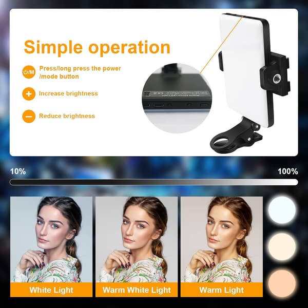 Selfie-lys, 60 LED-telefonlys, 2000 mAh oppladbart klips-videolys, 10-nivå lysstyrkejustering, CRI 95+, 3 lysmoduser white