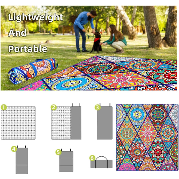 Vanntette Pikniktepper Sammenleggbare og Bærbare 203x203 cm Boho Piknikmatte for Utendørsbruk, Stort Vaskbart Piknikteppe for Reise og Camping