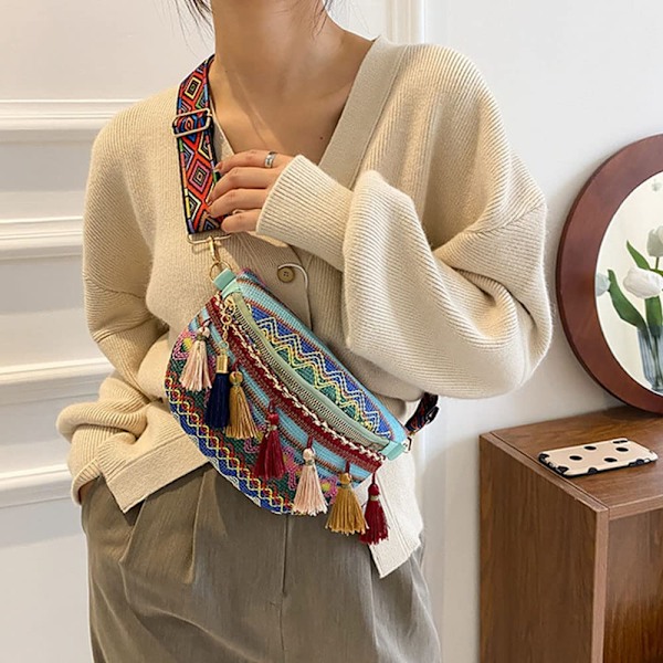 Fashion söt dam Bohemian Fanny Pack Crossbody axelväska broderi Boho midjeväska bröstväska bumbag med tofs för flicka
