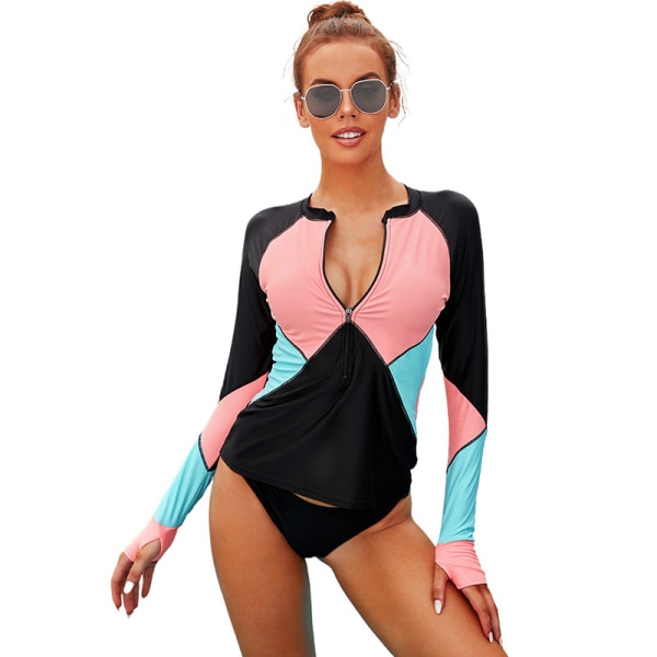 Womens Zip Front Long Sleeve Rashguard Shirt Color Block Print Tankini Swimsuit No Bottom，M