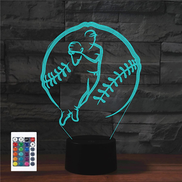 3D Baseball Fjernkontroll 16 Farger Nattelysbilder Illusions Akryl LED Bord Nattbord Lampe Barn Soverom Skrivebord Dekor Bursdagsgaver Leke for Barn