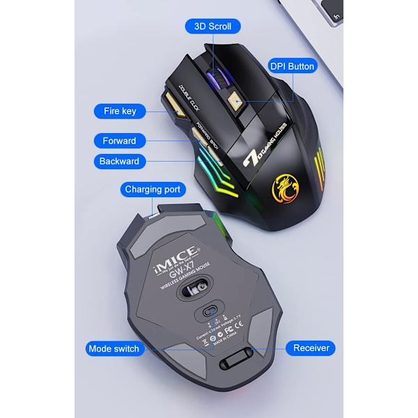 Trådlös Spelmus, Uppladdningsbar USB2.4G + Bluetooth Trådlös Mus, med 7-Färgad Regnbågsljus Optisk Effekt (Klassisk Svart)