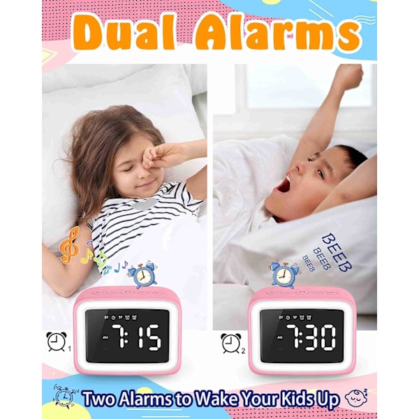 Barnväckarklocka med Bluetooth-högtalare för sovrum, Ok to Wake-väckarklocka för barn med dimbar nattlampa, digital klocka med dubbla alarm, snooze Pink