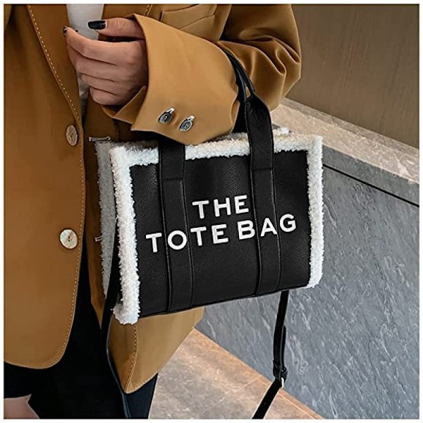Toteväska för kvinnor, PU-läder toteväska med lammull, crossbody handväska för resor/arbete (11*8,26*4,3 tum)