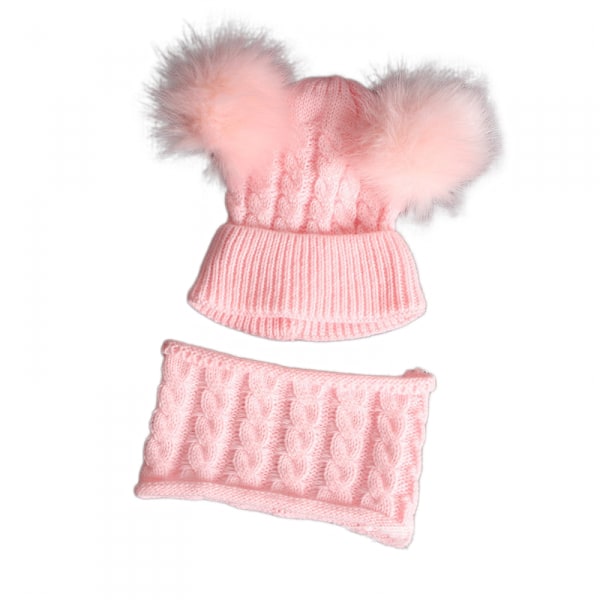 Spädbarn Småbarn Mössa Yllehatt Vinter Twist Dubbel Pom Pom Ull Stickad Mössa Vantar Värmare Cirkel Loop Halsduk