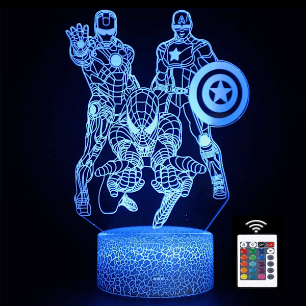 Superhelt 3D Natlampe, 3D Illusion Lampe med 16 Farveændringer Fjernbetjening, USB Bærbar Berørings LED Natlampe, Julegave Fødselsdagsgave