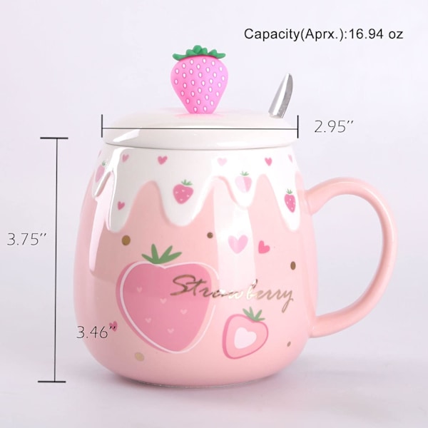 Vaaleanpunainen Naisten Kahvikuppi, Mansikka Korealainen Ihastuttava Opiskelijan Keramiikka Aamupalakuppi Kansi ja Lusikka – 450ml/15oz