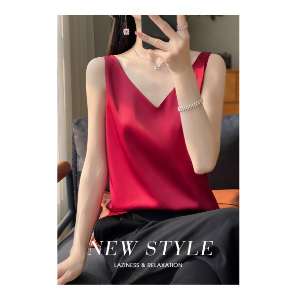 Silke Silke Skulderrem Dame Vest 2024 Sommer Ny Slim-fit V-hals Kort Elegant Inder Top T-shirt Burgundy XXXL