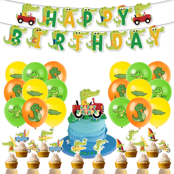 Crocodile theme party set pull flag banner cake card latex balloon set hanging decoration props