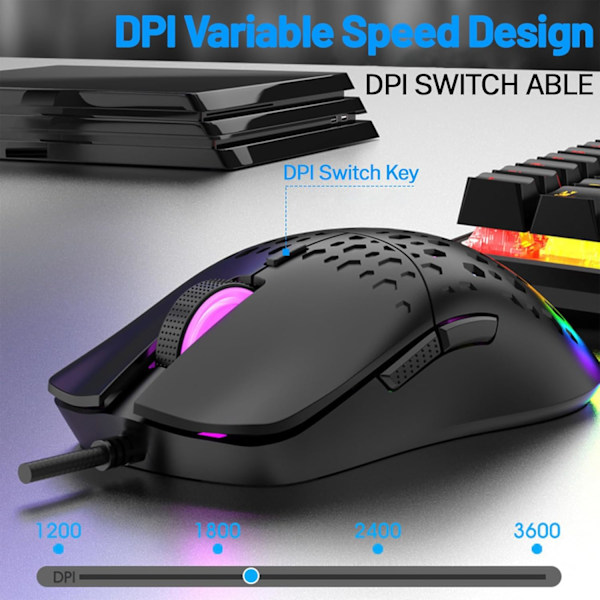 Trådbunden Spelmus, Lättvikts RGB Spelmus, 4 Justerbara DPI Upp till 3600, 6 Programmerbara Knappar, Ergonomisk Datormus för Windows/PC/Mac