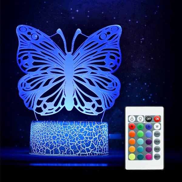 3D Illusion Lampe Butterfly Natlampe, Fødselsdagsgave til Piger Børnegaver Natlampe med 16 Farver Skiftende Fjernbetjening Butterfly