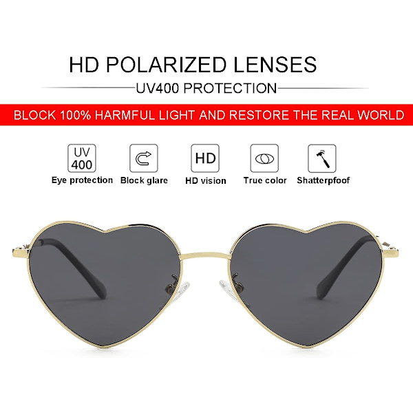 Polariserte hjerteformede solbriller for kvinner, mote, stilig stil, metallramme, UV400-beskyttelseslinse Gold Grey