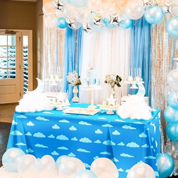 Tegneseriefestbordsduk, blå himmelfestbordsdekke, leketøyhistoriefestartikler, borddukbanner for baby shower bursdagsfestdekorasjon