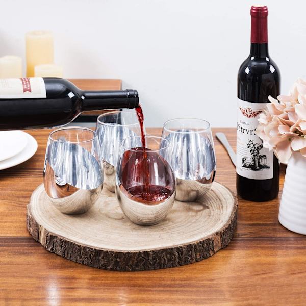 MyGift Moderne Accent Stemless Vinglasssett, Rødvinglasssett med 4 Silver