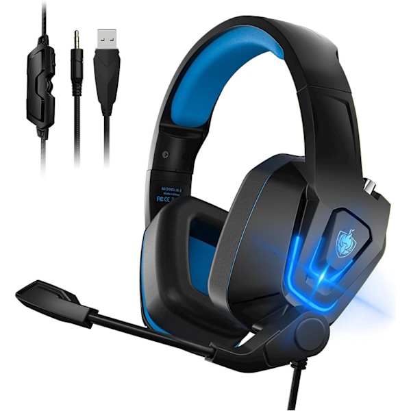 Trådbindna spelheadset, trådbundna PC-headset för Xbox One, PS5, PS4, bärbar dator, Switch, H2 Over-Ear-spelhörlurar med brusreducerande mikrofon och LED-ljus och