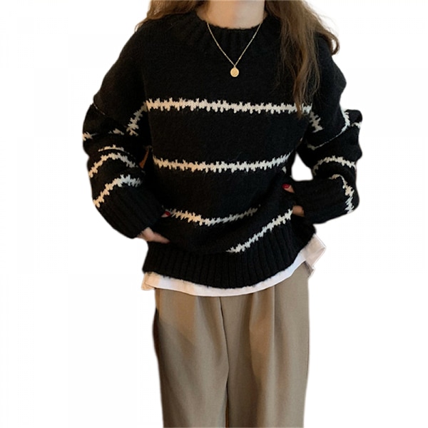 Randig tröja Dam Rund Hals Långärmad Pullover Tröjor Höst Vinter