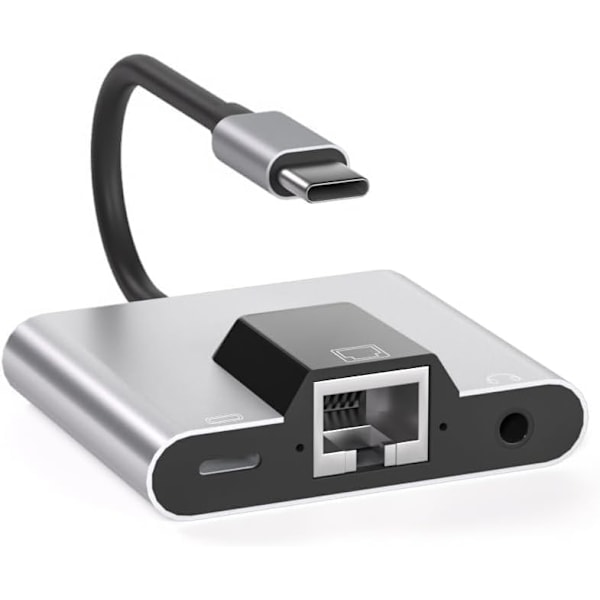 USB till Ethernet-adapter, Typ-C till Ethernet USB C till 3,5 mm ljud PD snabbladdning LAN-nätverksadapter kompatibel med bärbar dator surfplatta telefon