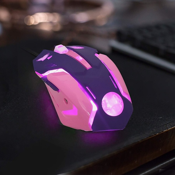 Spilmus, Pink Baggrundsbelyst Optisk Spilmus Ergonomisk USB Kabelforbundet med 2400 DPI og 6 Knapper 4 Skydning til Computer/Win/Mac/Linux/Andriod/iOS(Lilla)