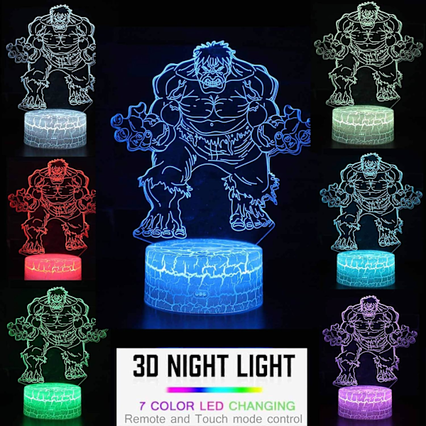 Hulk Gutter for Gutter, 3D Illusionslampe Gave til Romdekorasjon Barnehage, Kule Marvel Guttergaver og 7 Farger Skiftende Gutter for Gutter eller Barn (A)