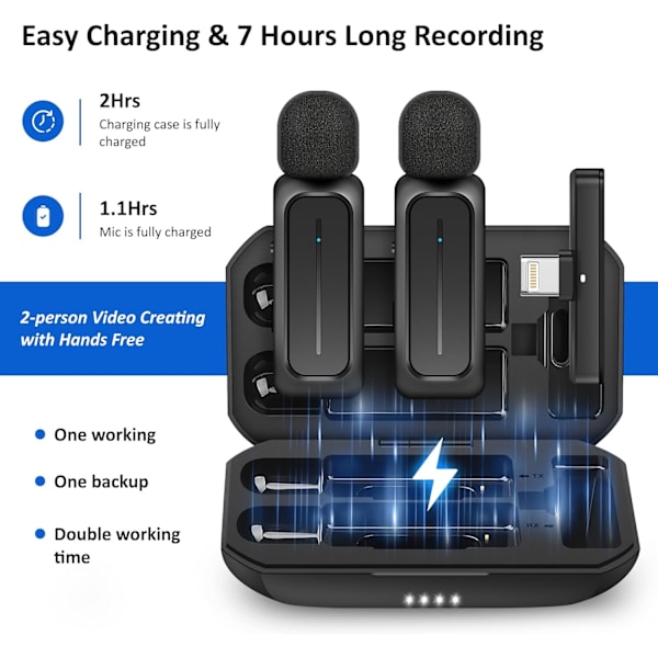 2 st Trådlösa Lavaliermikrofoner för iPhone iPad Android med Laddningsfodral 7H Klämma på Revärmikrofon Trådlös
