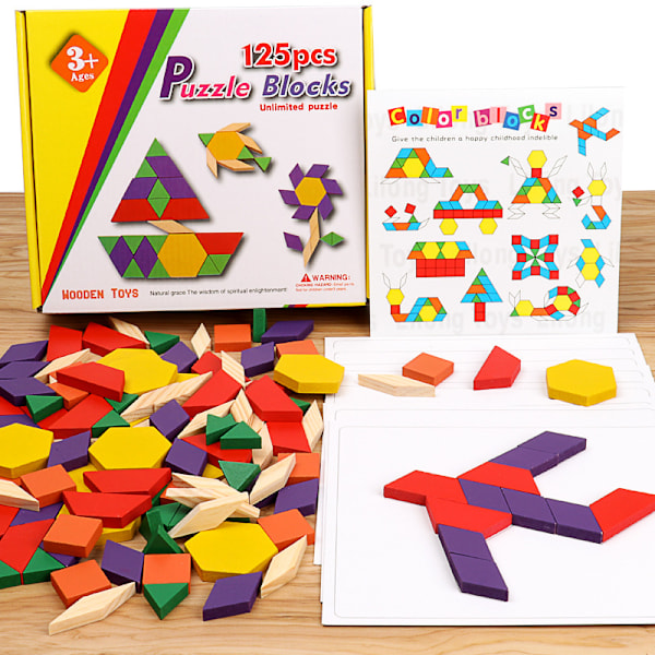 Träpussel för barn, tredimensionellt tangrampussel, DIY-geometrisk form, kognitiv leksak, 125 delar