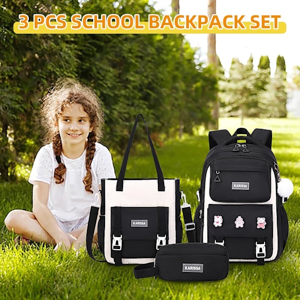 Ryggsäck för flickor, 3-pack set med ryggsäck för flickor med stöldskyddad bakficka, vattentålig toteväska med pennfodral för grundskolan 3pcs Set-black L