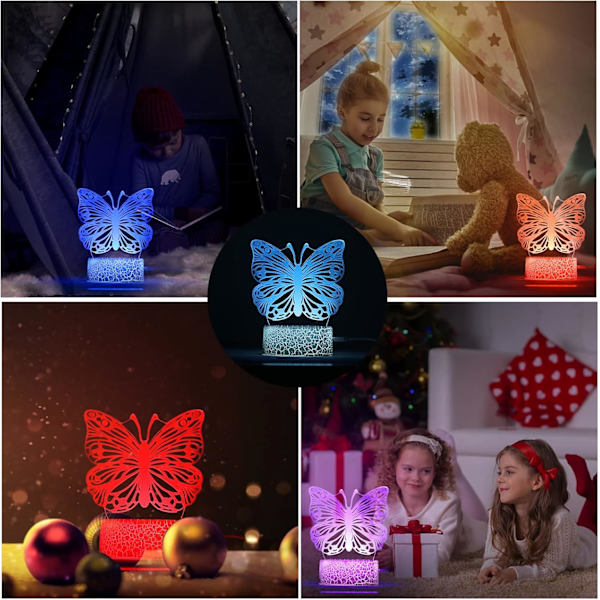 3D Illusionslampe Sommerfugl Nattelys, Bursdagsgave til Jenter Barn Gaver Sengelampe med 16 Farger Skiftende Fjernkontroll Sommerfugl