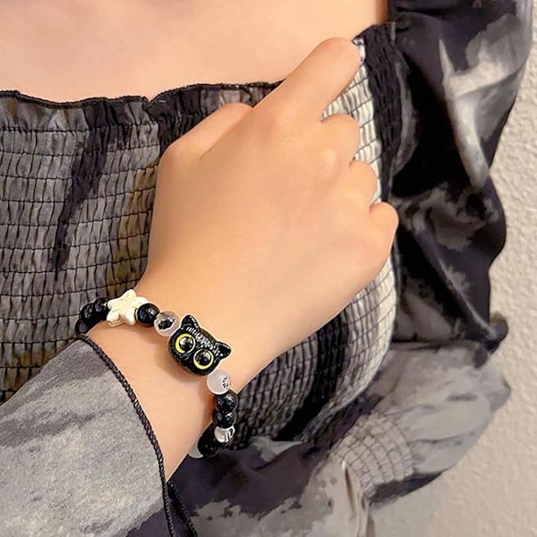 Sort Kat Kædearmbånd Glasperlearmbånd Perlerække Strækbar Armbånd Sort Obsidian Armbånd Held Stjerne Armbånd Smykker til Kvinder Black